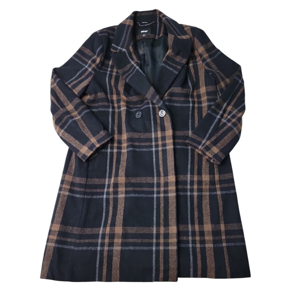 NWT DKNY Women's Faux‎ Wool Notched Lapel Fully Lined Fashion Coat Plaid XS
